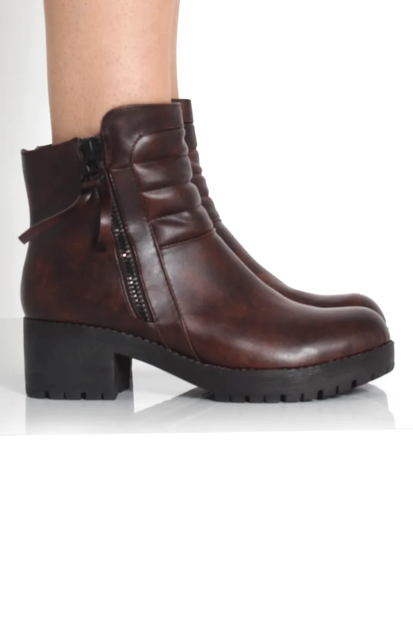 Alisha Brown Zip Biker Ankle Boots