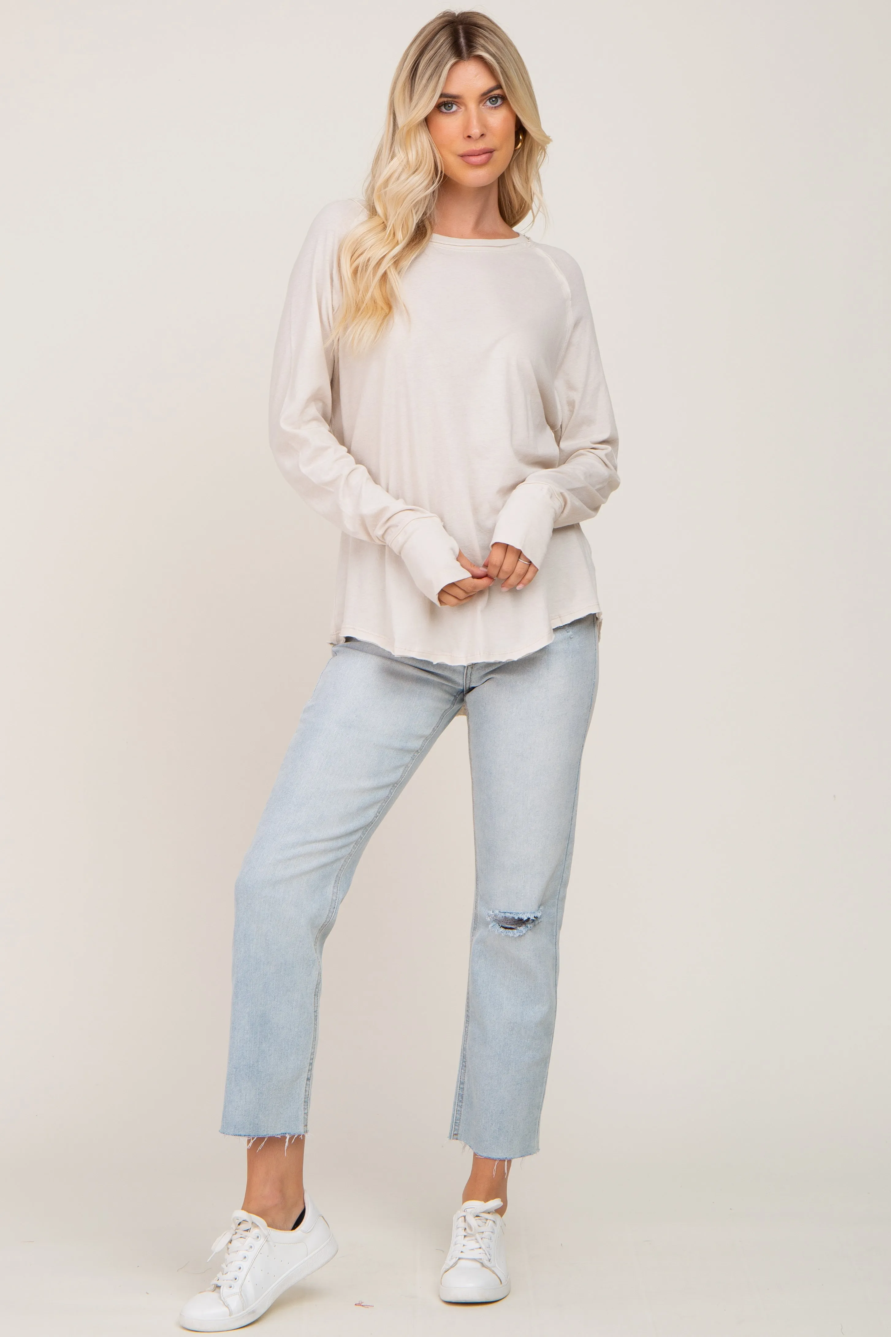 Beige Distressed Seam Long Sleeve Top