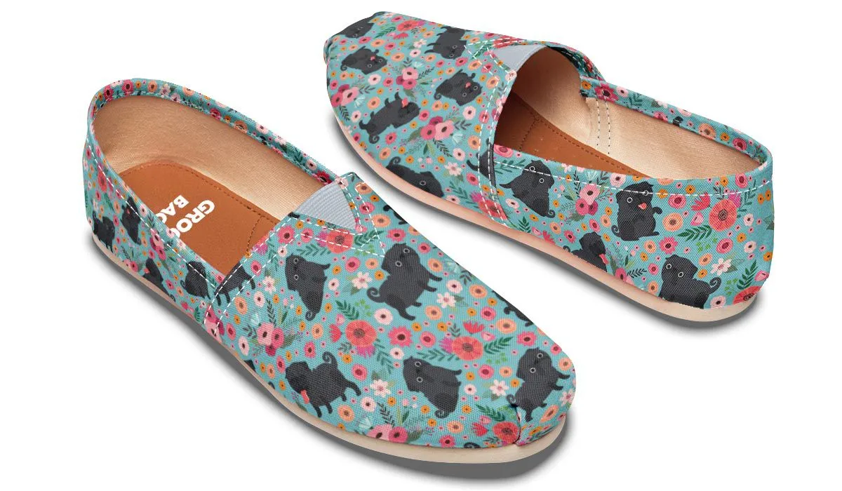 Black Pug Flower Casual Shoes