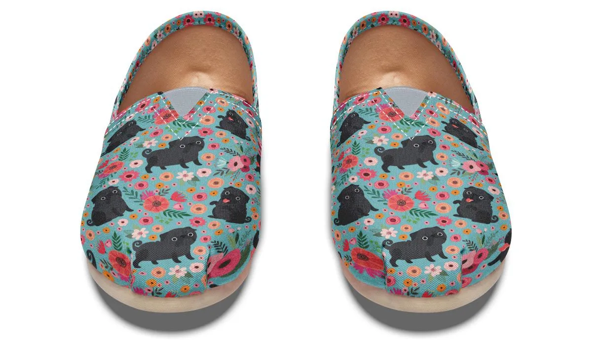 Black Pug Flower Casual Shoes