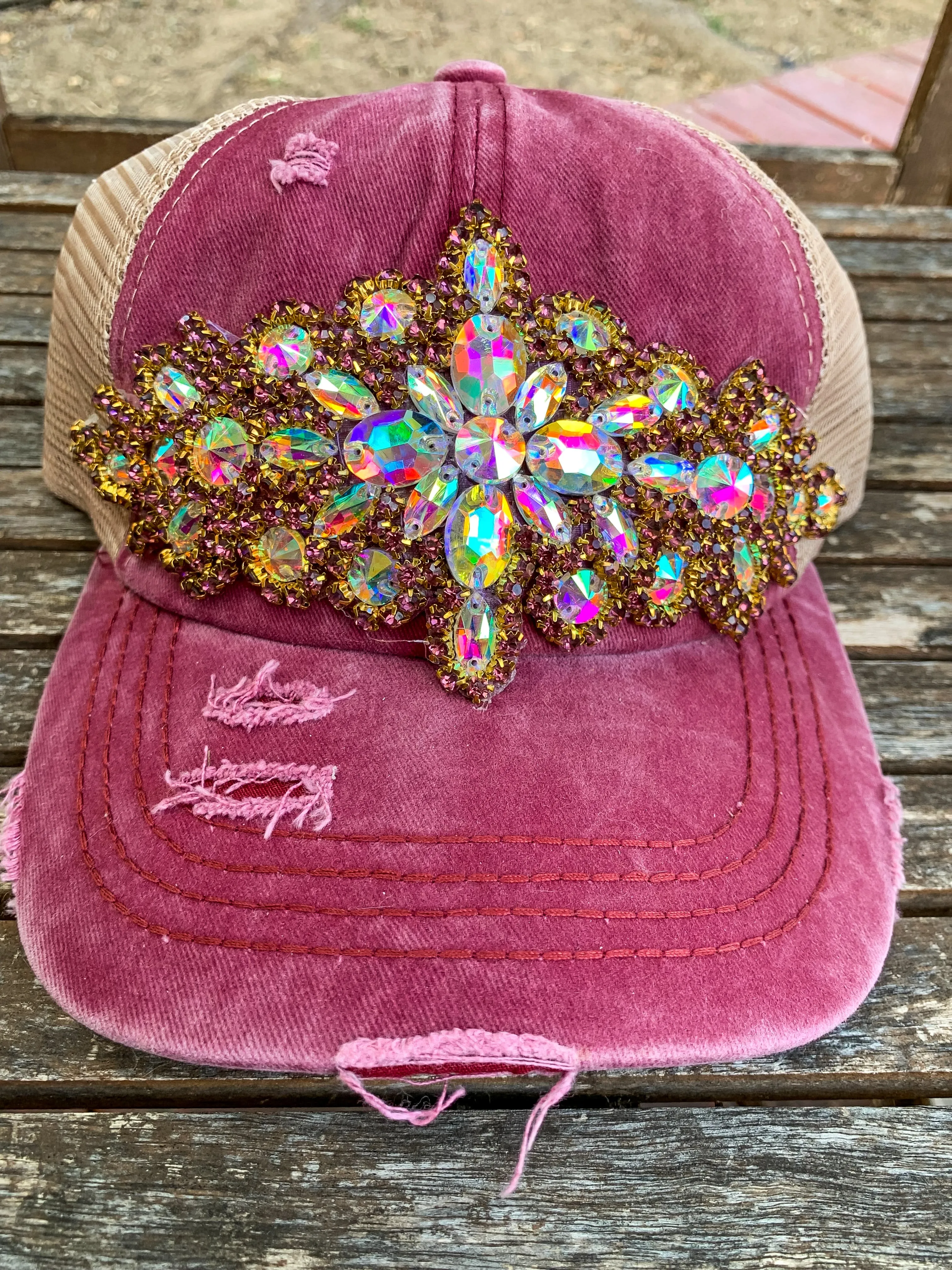 Bree Distressed Jeweled Detail Cap - Maroon