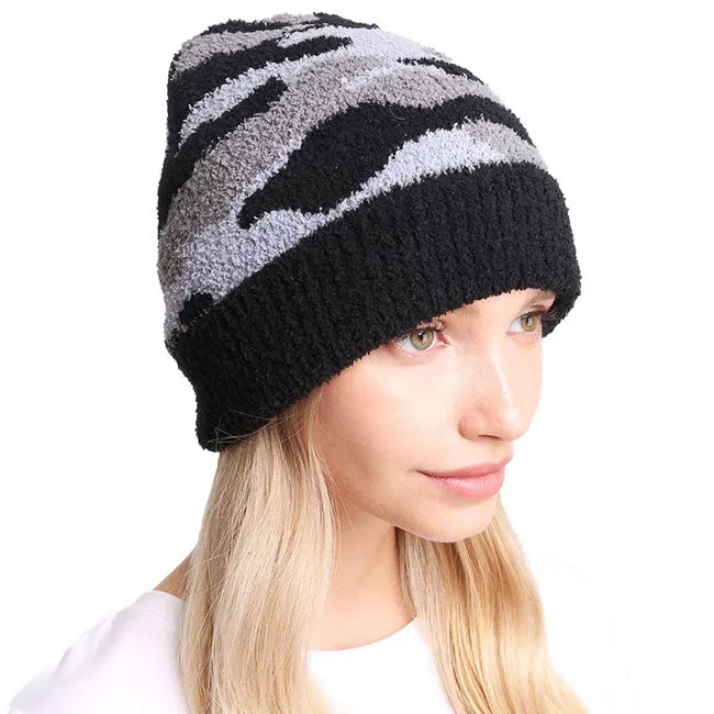 Cozy Camouflage Patterned Ribbed Trim Beanie Hat