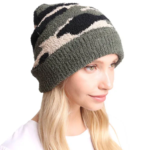 Cozy Camouflage Patterned Ribbed Trim Beanie Hat