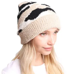 Cozy Camouflage Patterned Ribbed Trim Beanie Hat