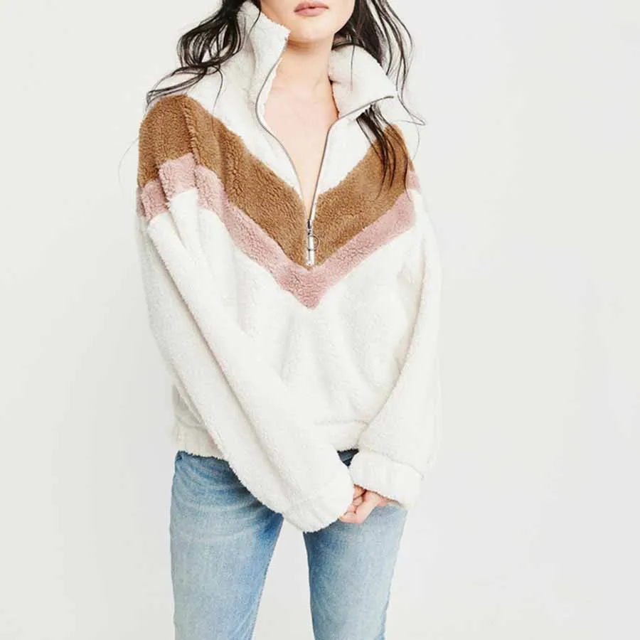 Cozy Colorblock Chevron Half Zip Faux Fur Sweatshirt Sherpa Pullover Jacket