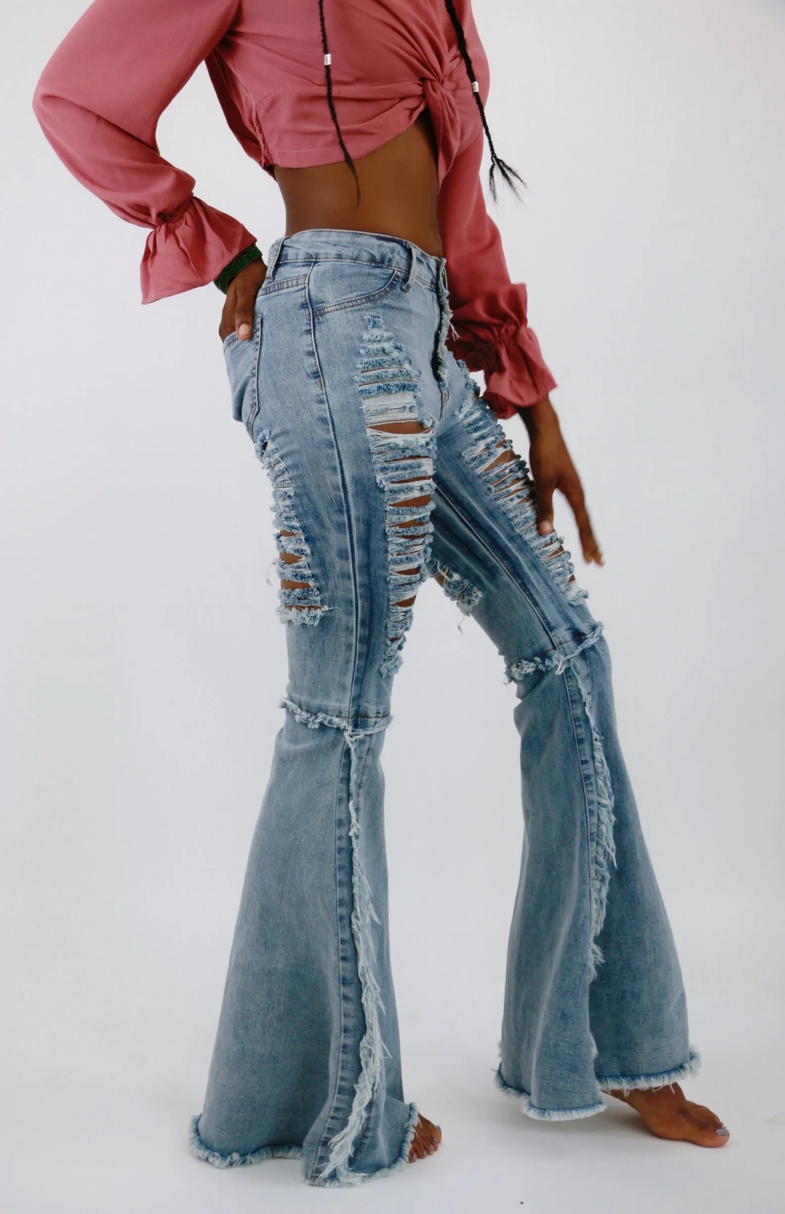 Distressed Frayed Bell Bottom Jeans