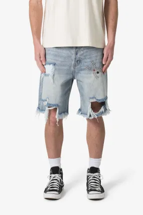 Distressed Spider Denim Shorts - Light Blue