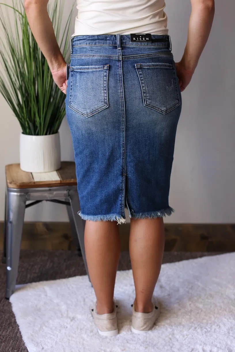 Distressed Stretch Dark RISEN Denim Skirt