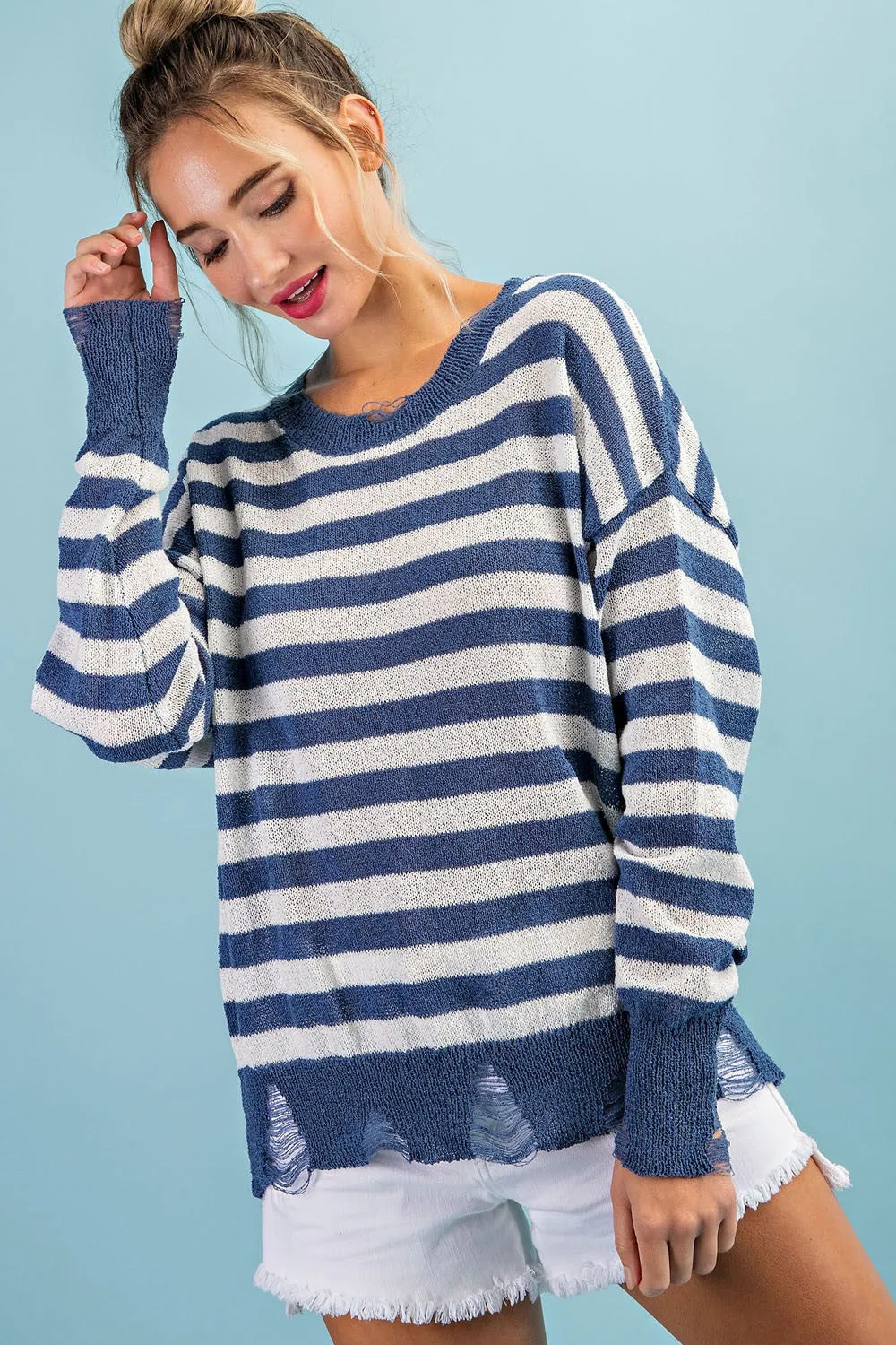 DISTRESSED STRIPED SWEATER