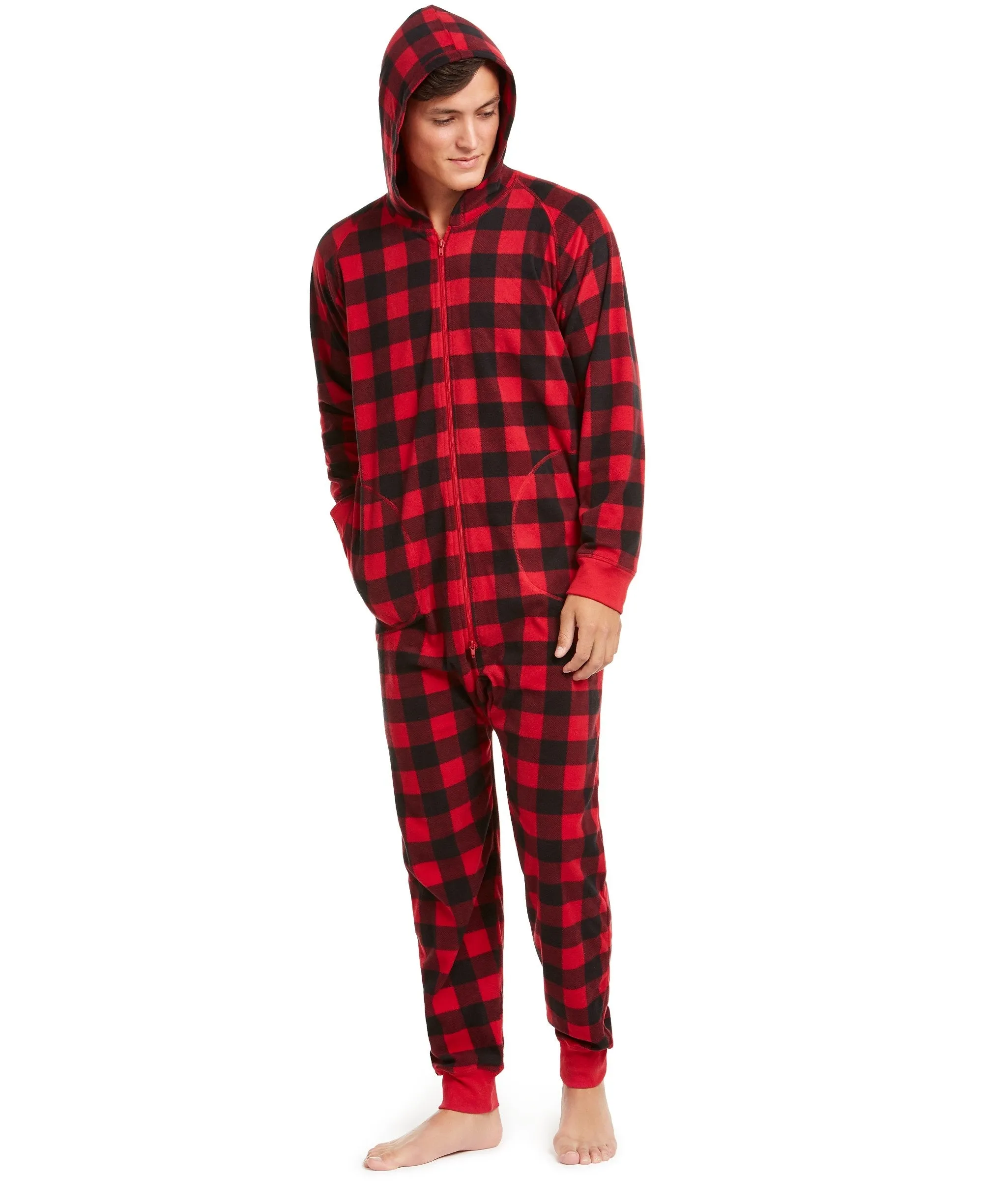 Family PJs Men's Buffalo-Check Hooded Cozy Fleece Pajamas, Red/Black, XL