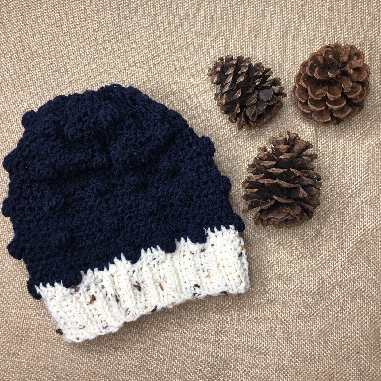 Hand Knit Crochet Navy Blue and Oatmeal Winter Hat | Slouchy Hat | Puff Beanie Cozy Thick Winter Hat | Women Winter Hat |  Cozy Unsex