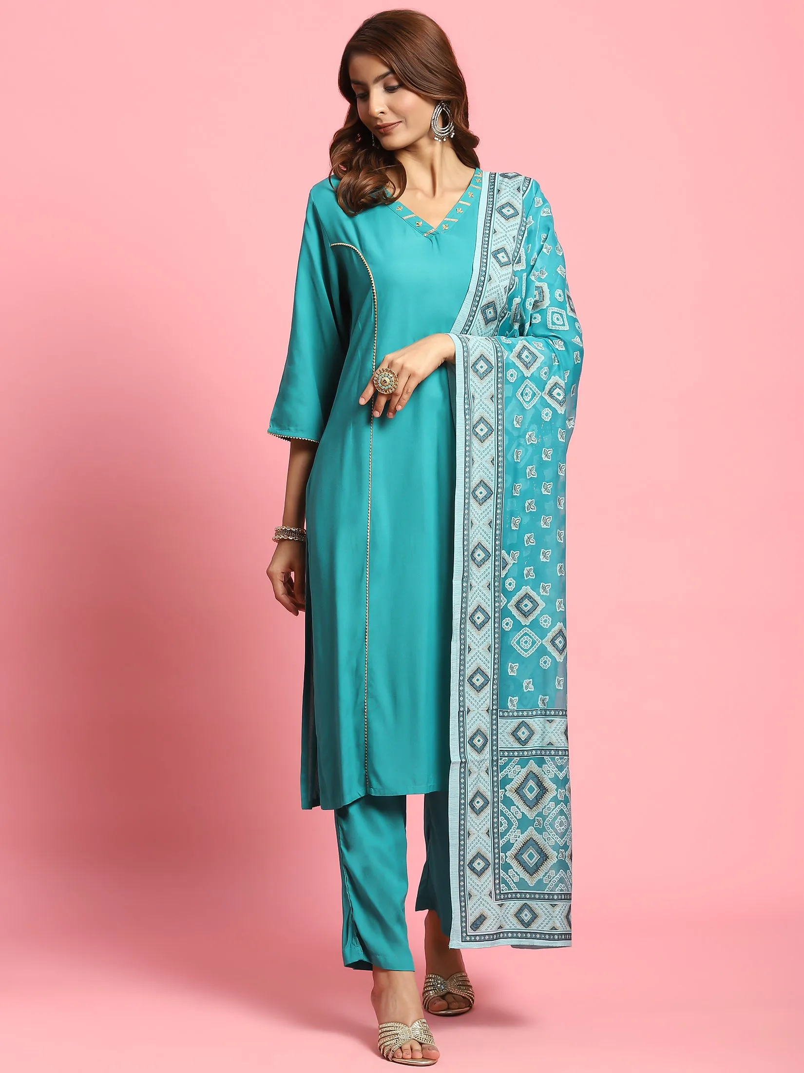 Indiessence Women Teal Solid Kurta Trouser Dupatta