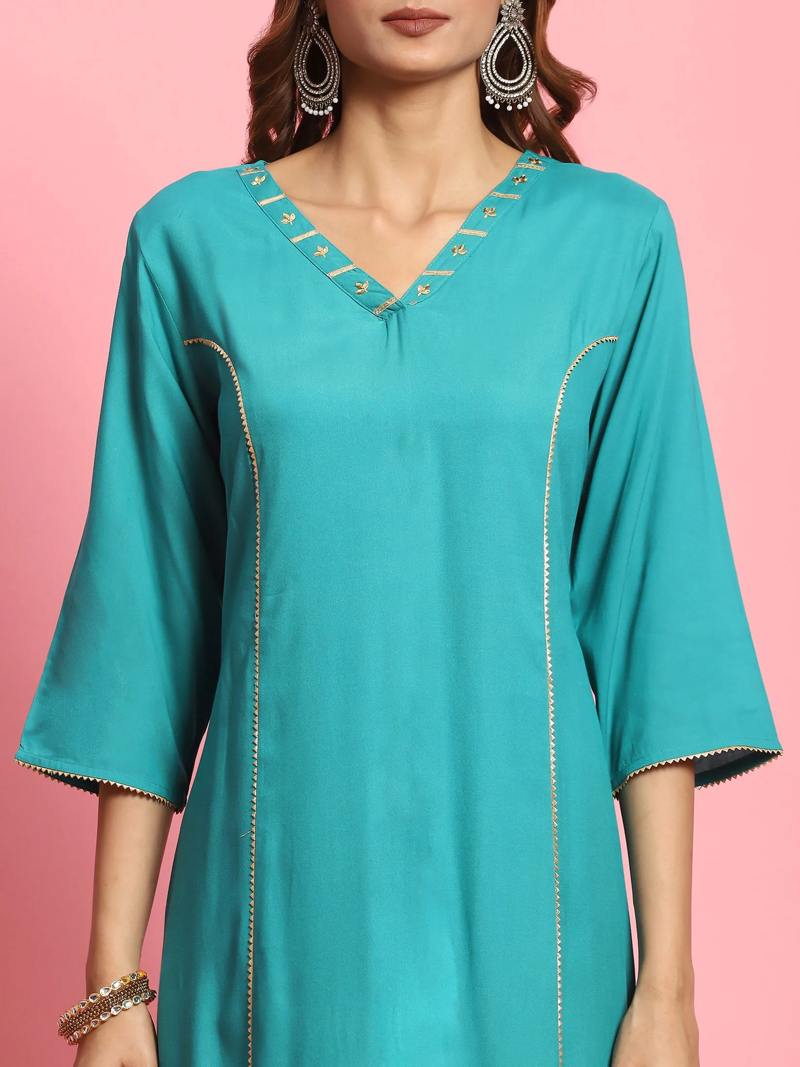 Indiessence Women Teal Solid Kurta Trouser Dupatta