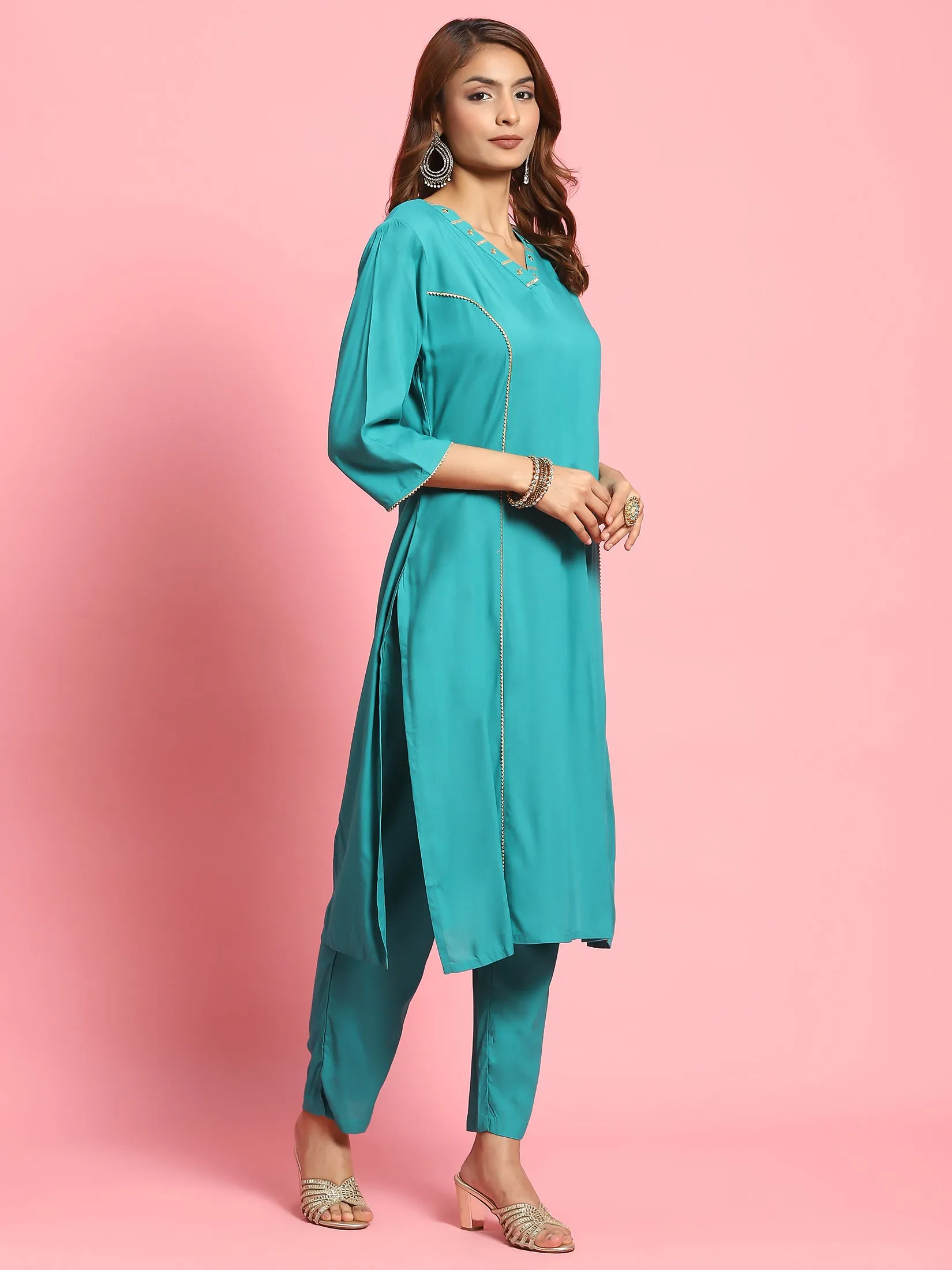 Indiessence Women Teal Solid Kurta Trouser Dupatta