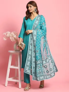 Indiessence Women Teal Solid Kurta Trouser Dupatta