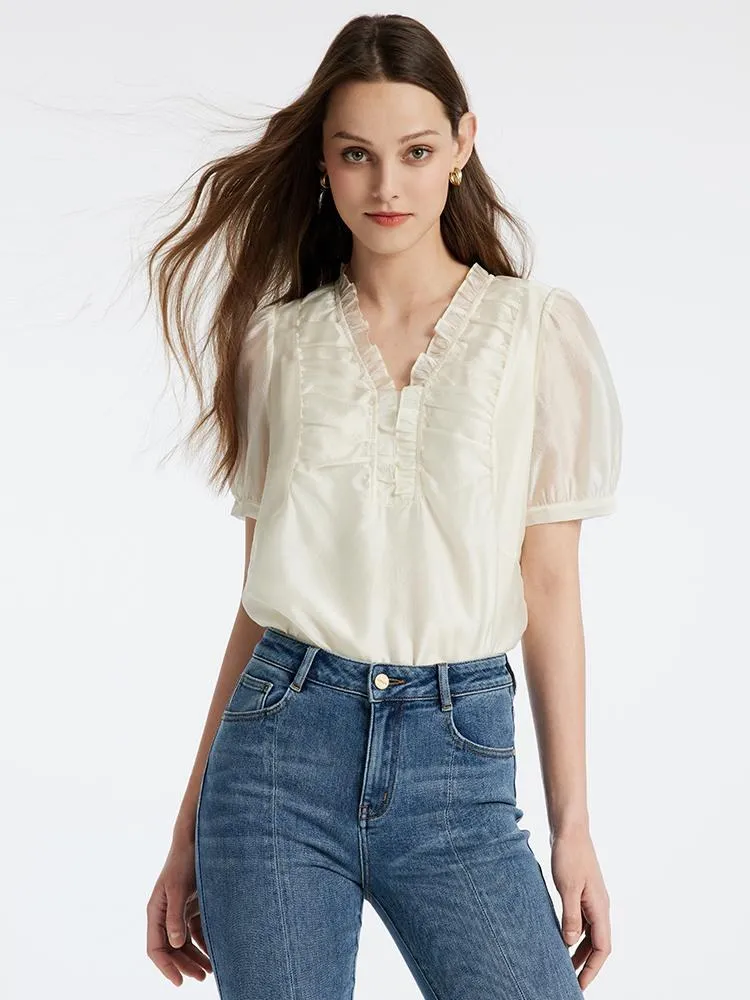 Ivory White V-Neck Women Blouse