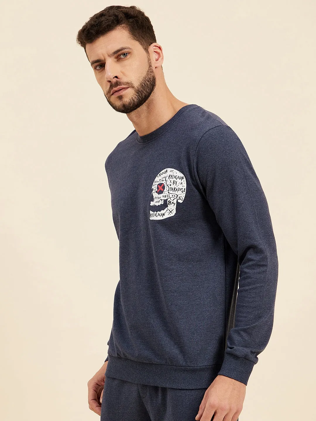 Men Blue Melange Skull Print Sweatshirt