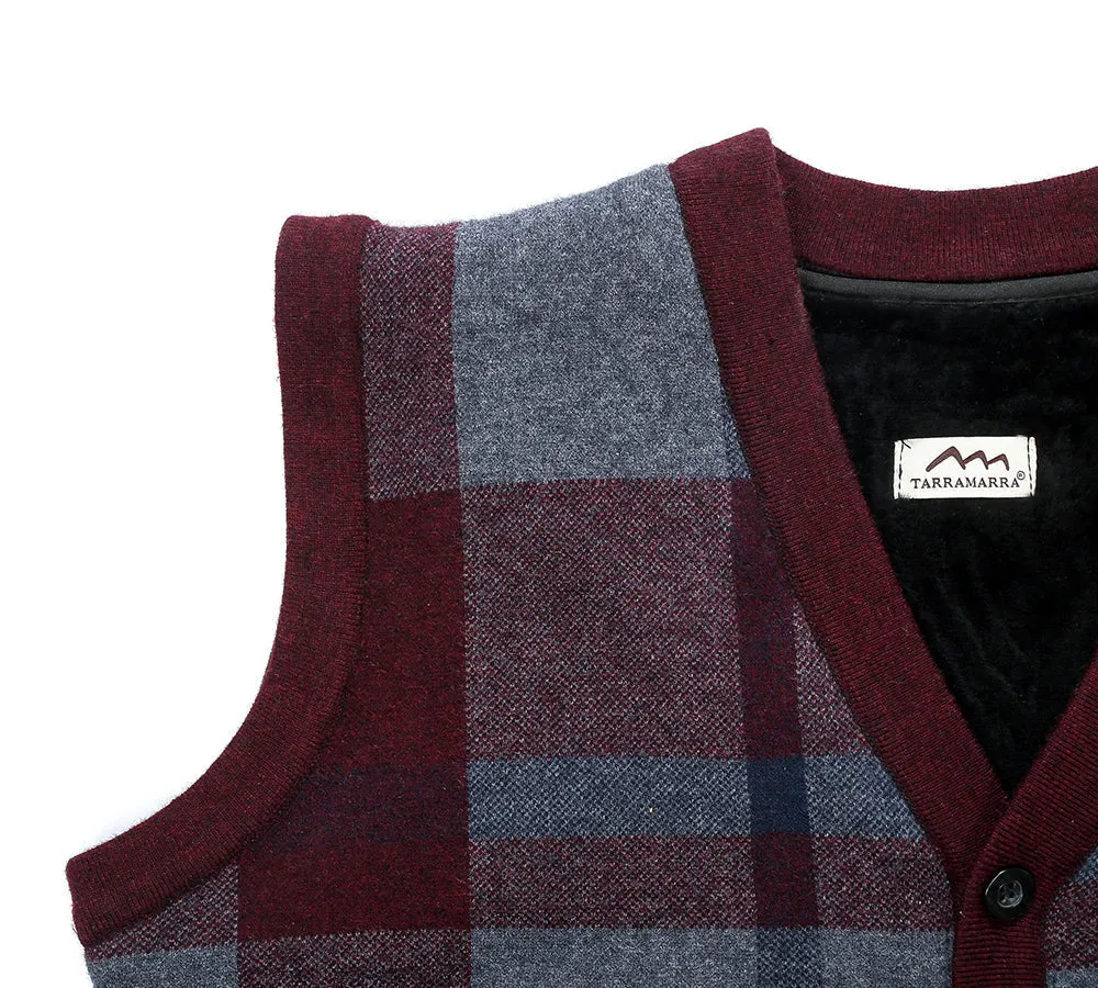 Men Plaid Knitted Wool Vest Detachable Inner Fleece Lining