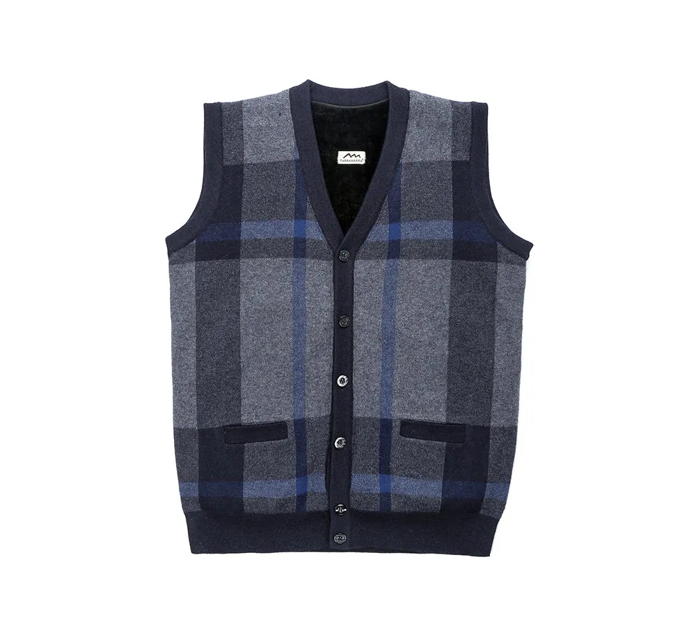 Men Plaid Knitted Wool Vest Detachable Inner Fleece Lining