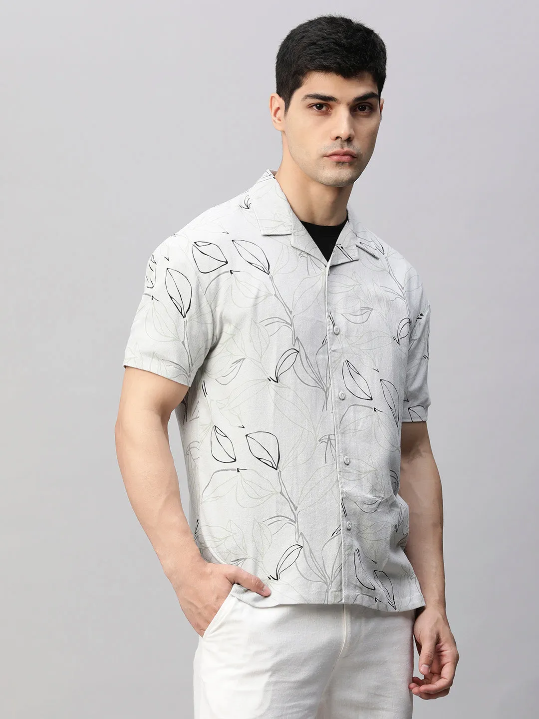 Mens Cuban Collar Printed Casual Shirt