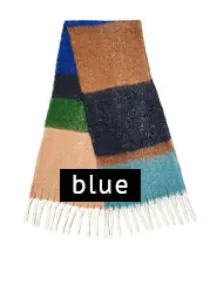 Multi Stripe Cozy Scarf With Fringe - Blue