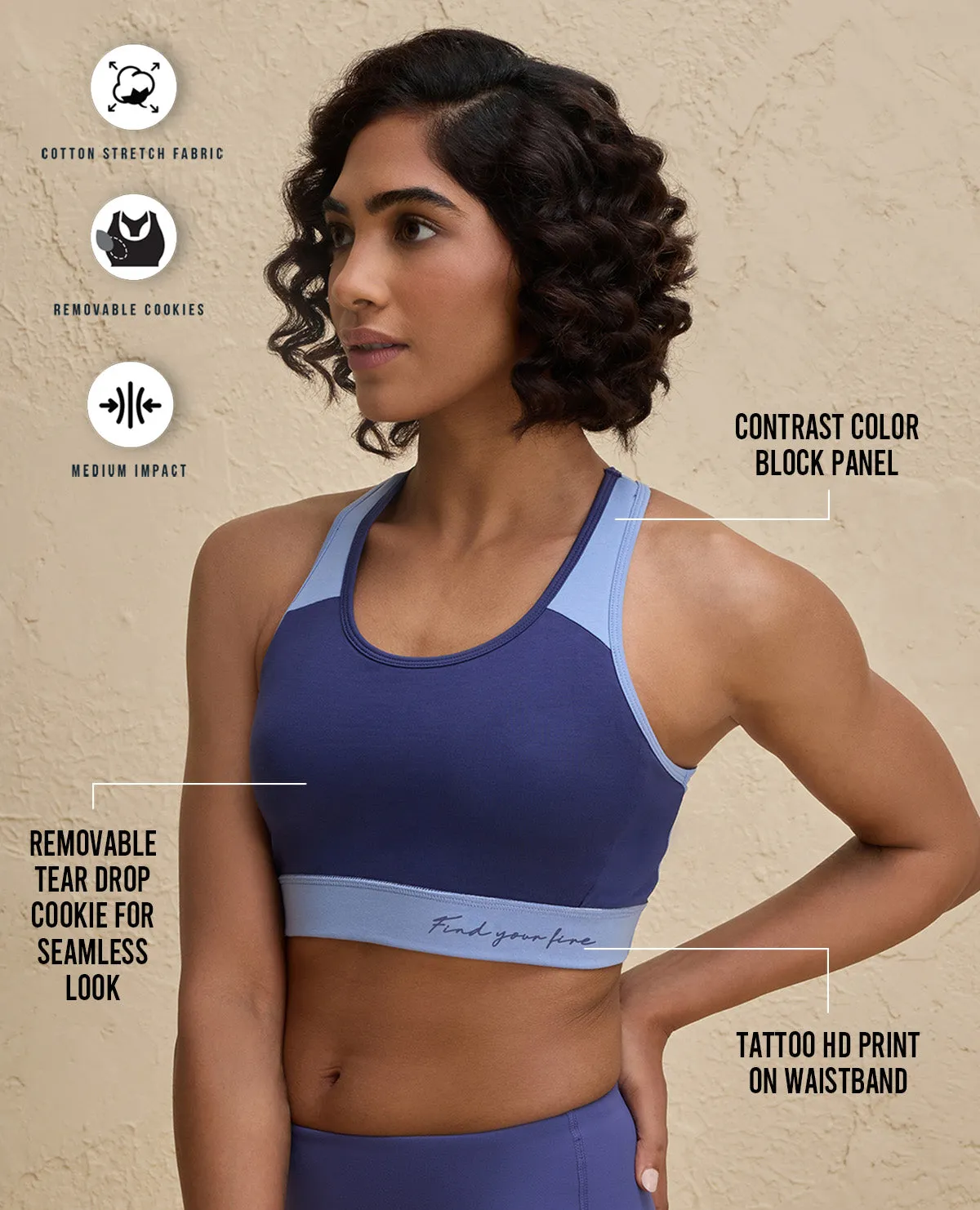 Nykd By Nykaa Essential Breathable Cotton Slip On Color Block Sports Bra -NYK904-Blue