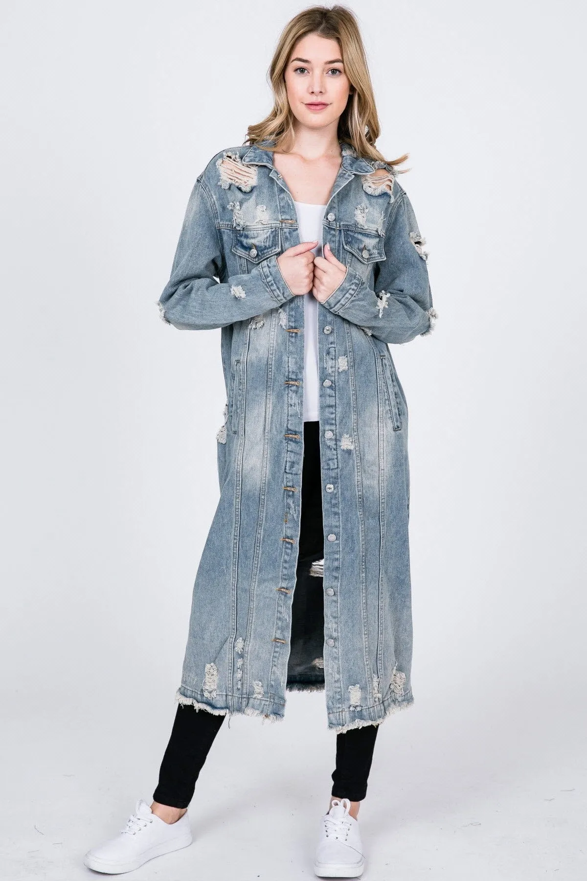 Plus Size Distressed Maxi Denim Coat - Perfect for Outdoor Activities