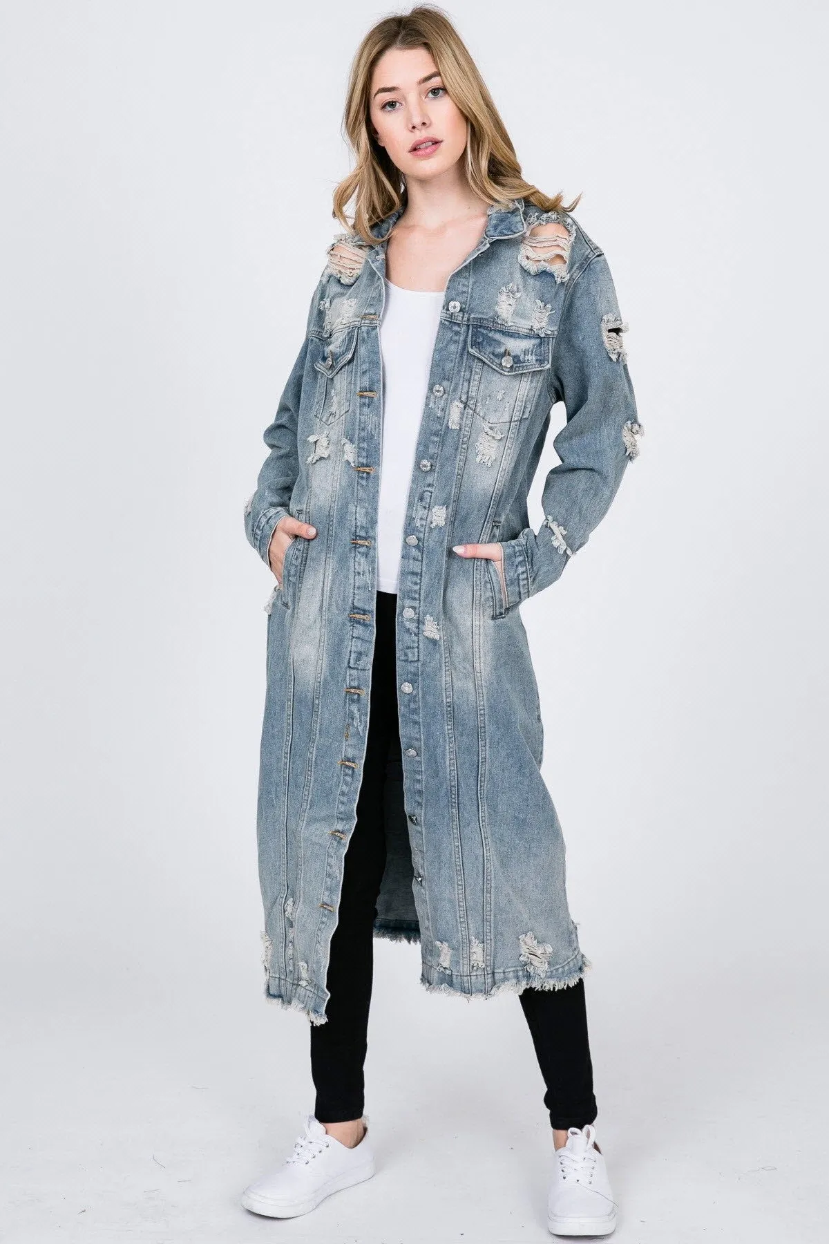 Plus Size Distressed Maxi Denim Coat - Perfect for Outdoor Activities