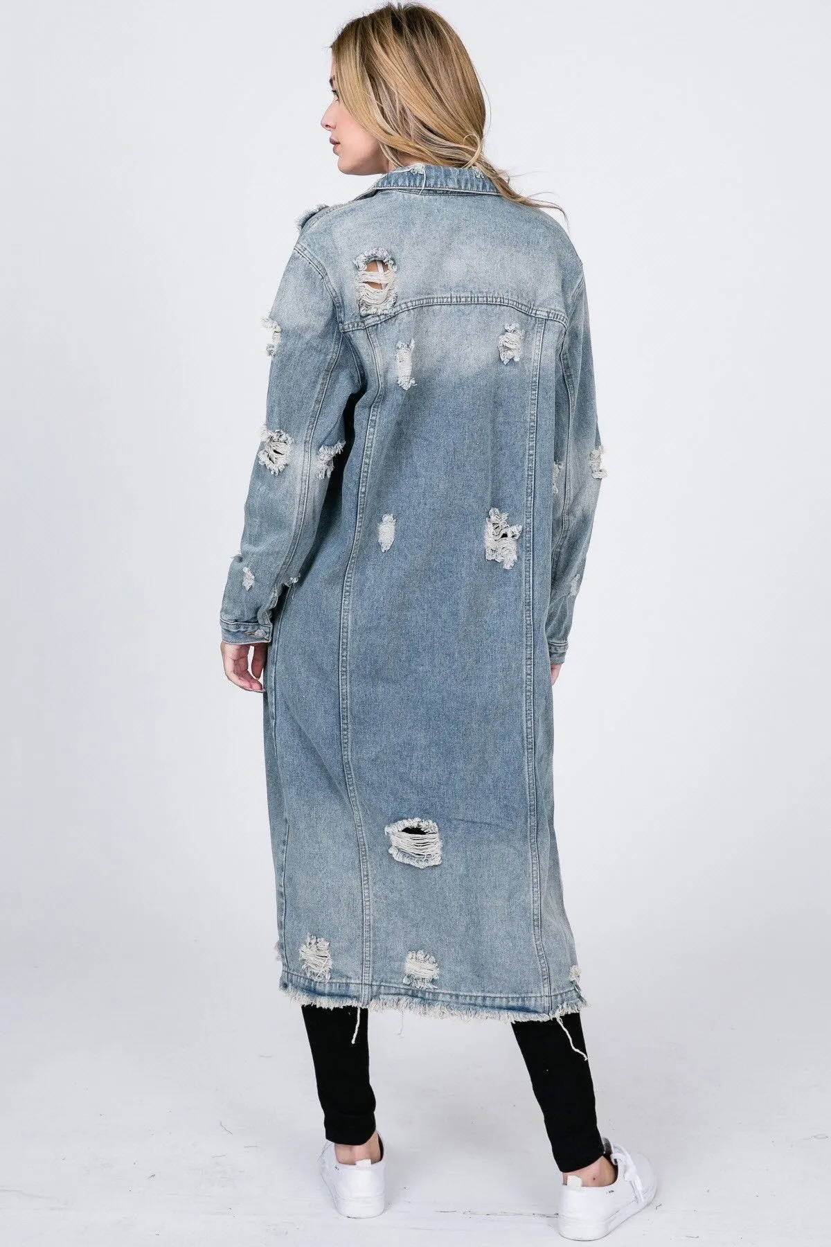 Plus Size Distressed Maxi Denim Coat - Perfect for Outdoor Activities