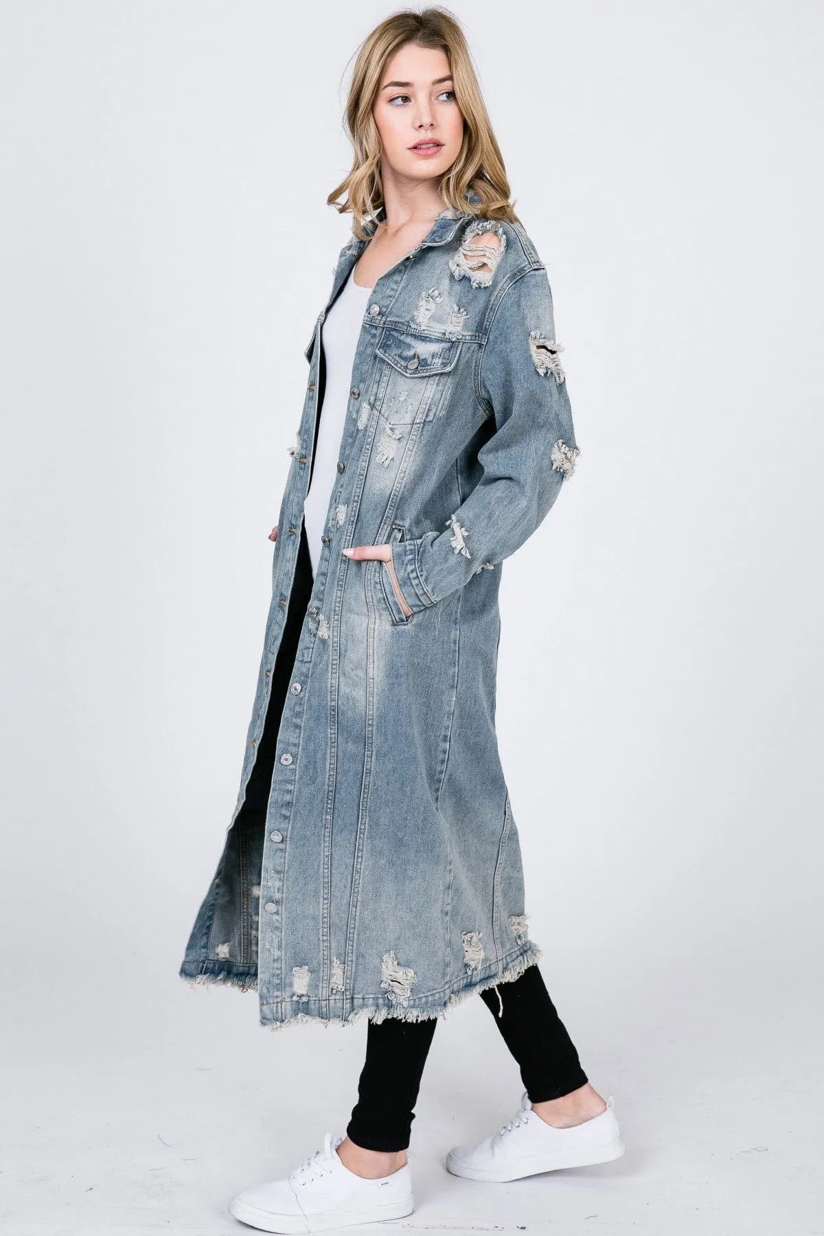 Plus Size Distressed Maxi Denim Coat - Perfect for Outdoor Activities