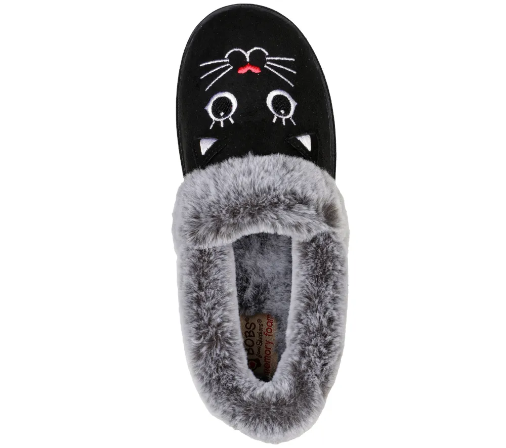 Papuci casual, dama, SKECHERS BOBS TOO COZY-MEOW PAJAMAS 33355-BLK negru, piele ecologica