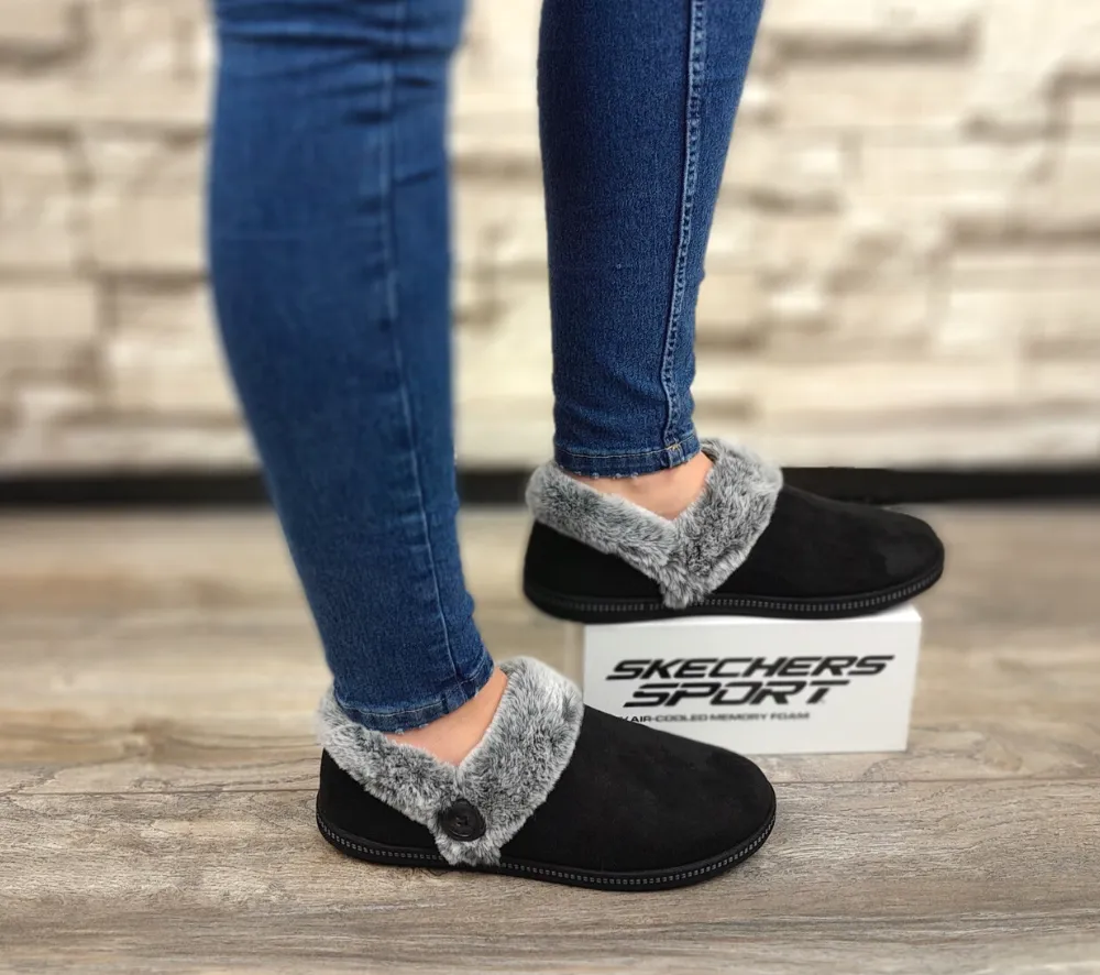 Papuci casual, dama, SKECHERS Cozy CampFire Fresh, 167219-BLK negru, piele ecologica