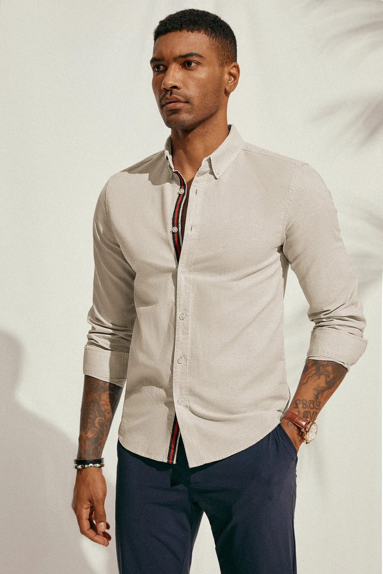 PJ Men Breathable Cotton & Linen Shirt Long Sleeve Button-Down Collar Tops