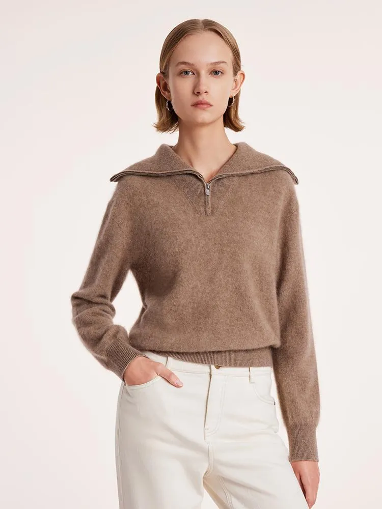 Premium Zippered Lapel Womens Sweater in Pure Cashmere