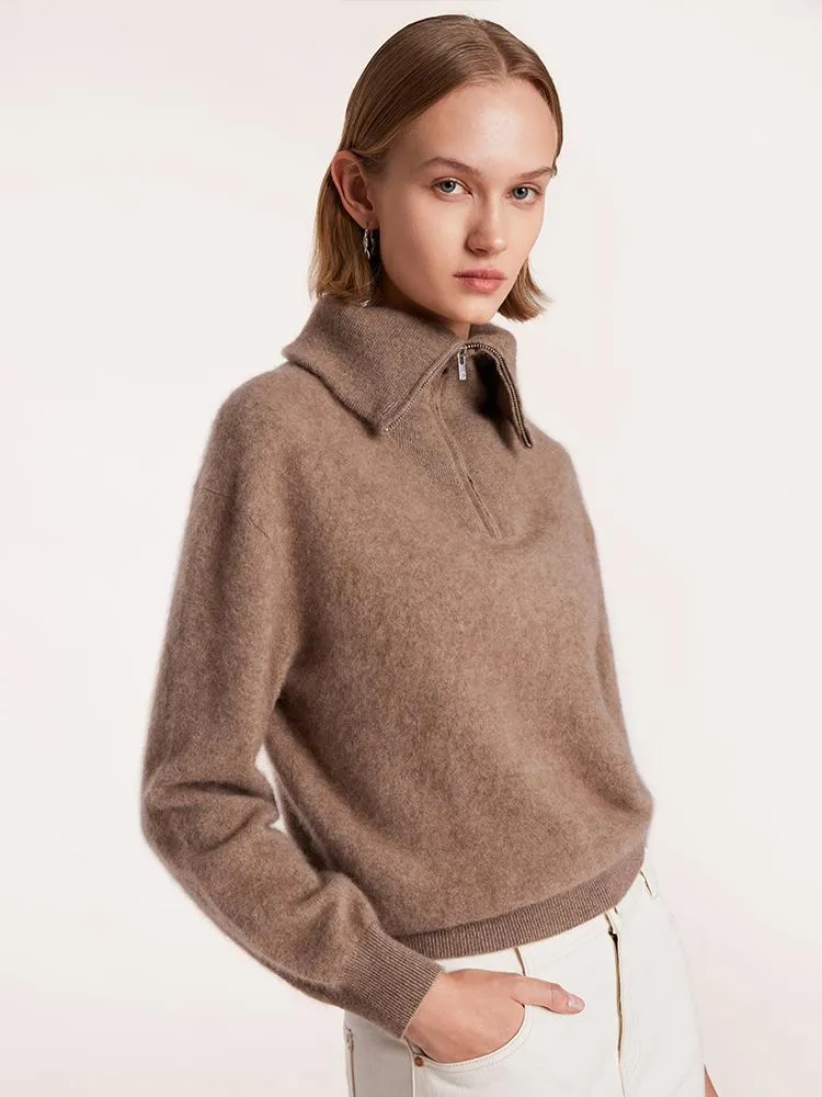 Premium Zippered Lapel Womens Sweater in Pure Cashmere