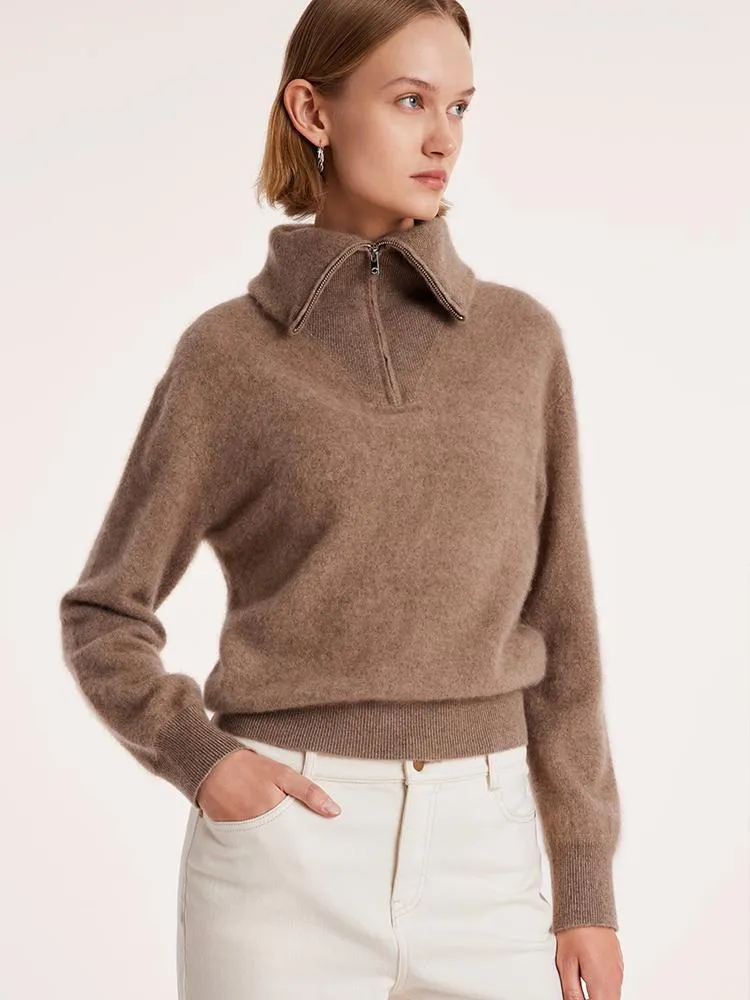 Premium Zippered Lapel Womens Sweater in Pure Cashmere