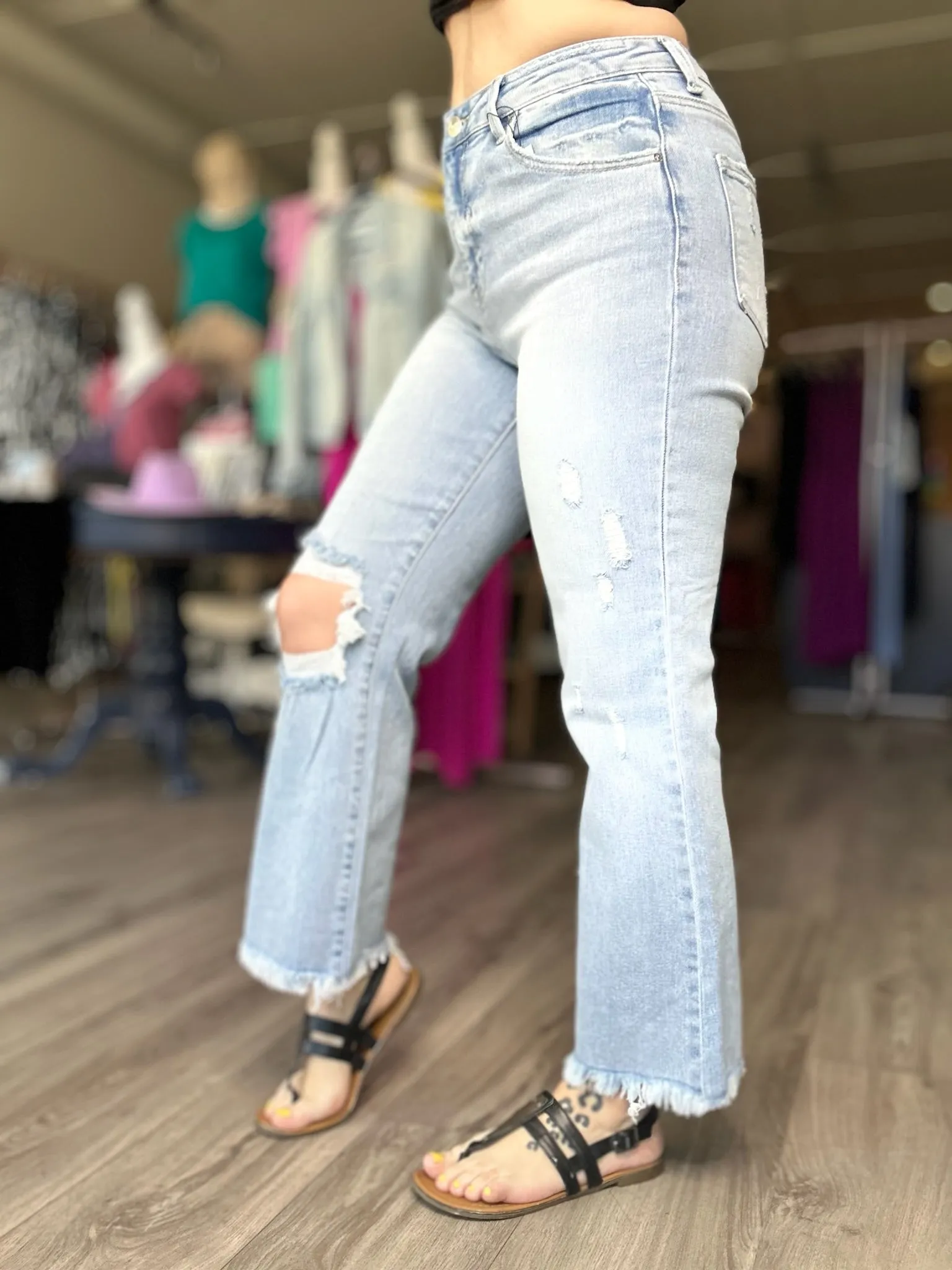 Risen Distressed Crop Flare Jeans