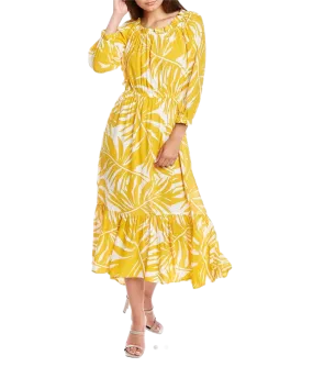 Ruffled Printed Textured Breathable Rayon Crepe Dress with elastic waist and self belt in golden yellow floral print