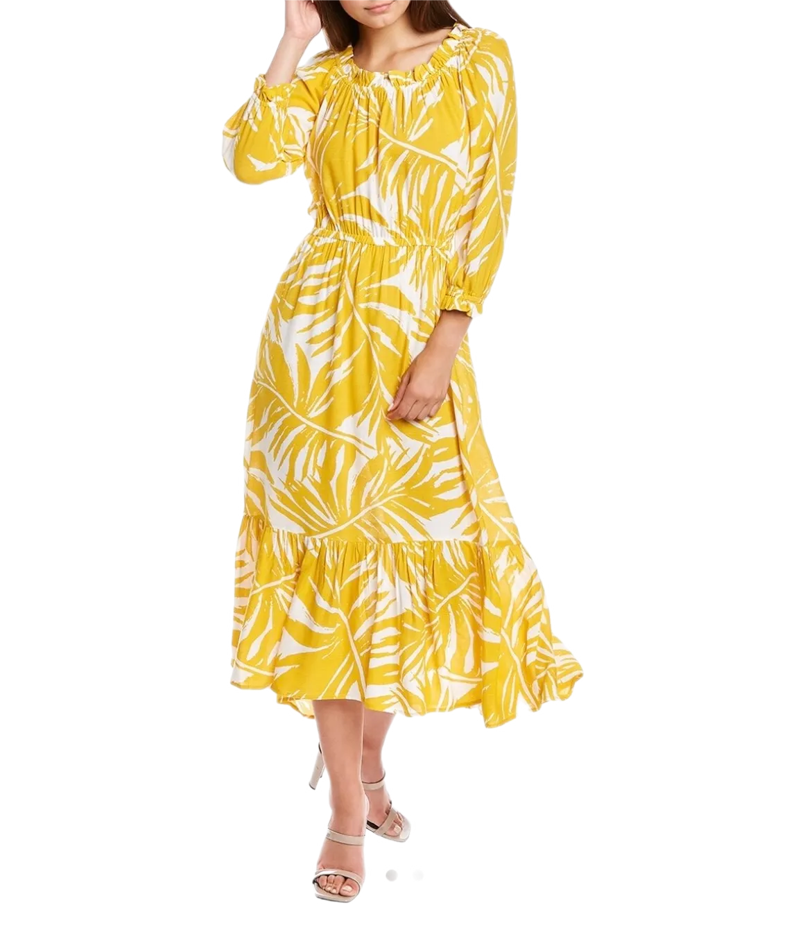 Ruffled Printed Textured Breathable Rayon Crepe Dress with elastic waist and self belt in golden yellow floral print