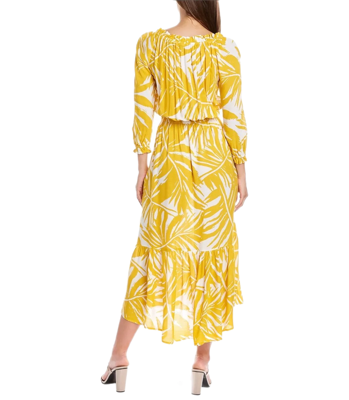 Ruffled Printed Textured Breathable Rayon Crepe Dress with elastic waist and self belt in golden yellow floral print