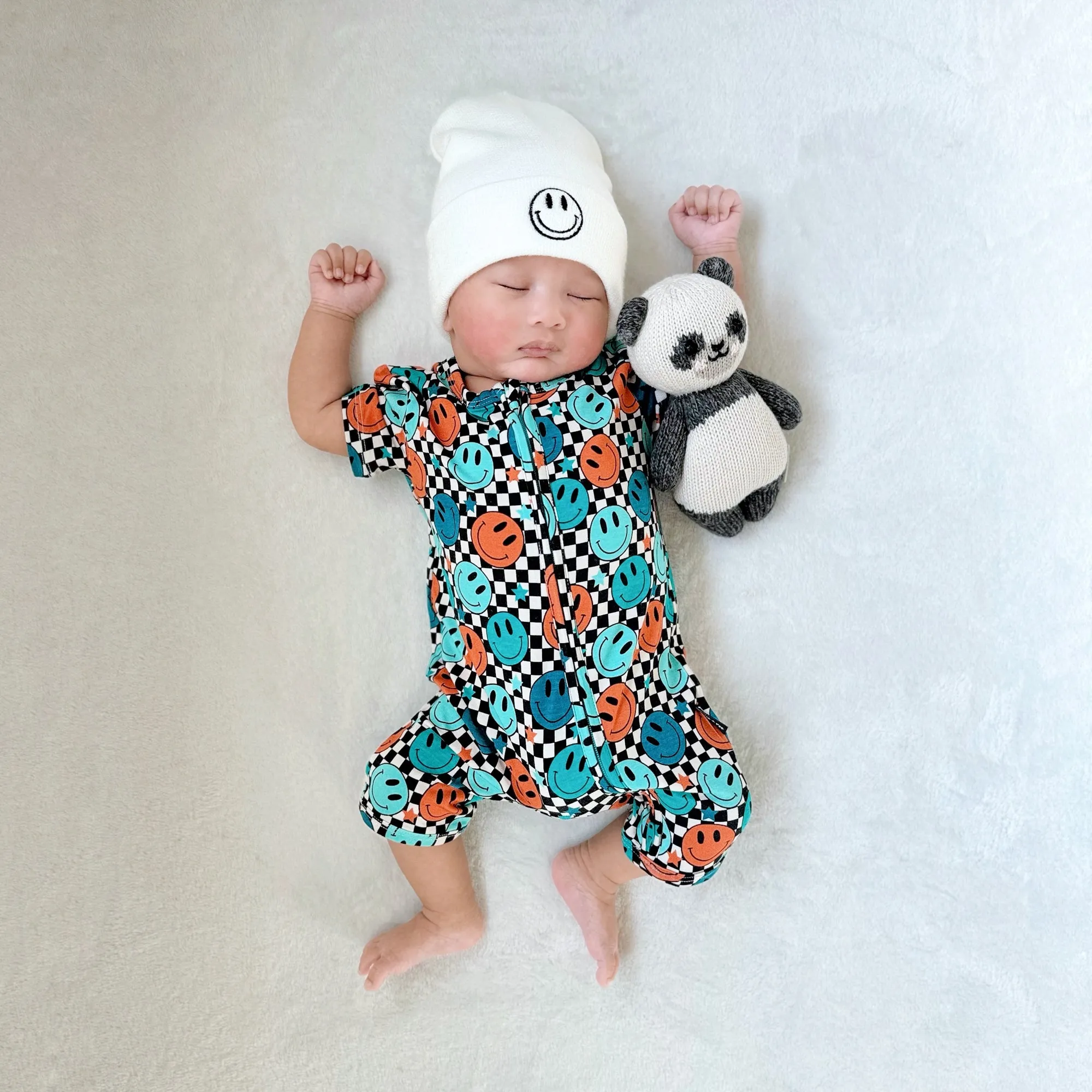 SHORTIE ZIP ROMPER - Blue Check Smile