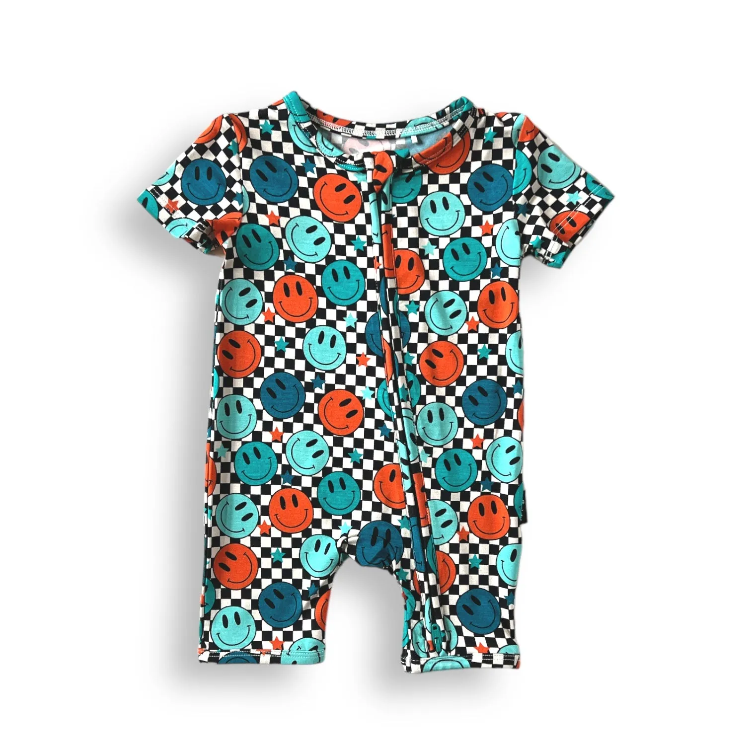 SHORTIE ZIP ROMPER - Blue Check Smile