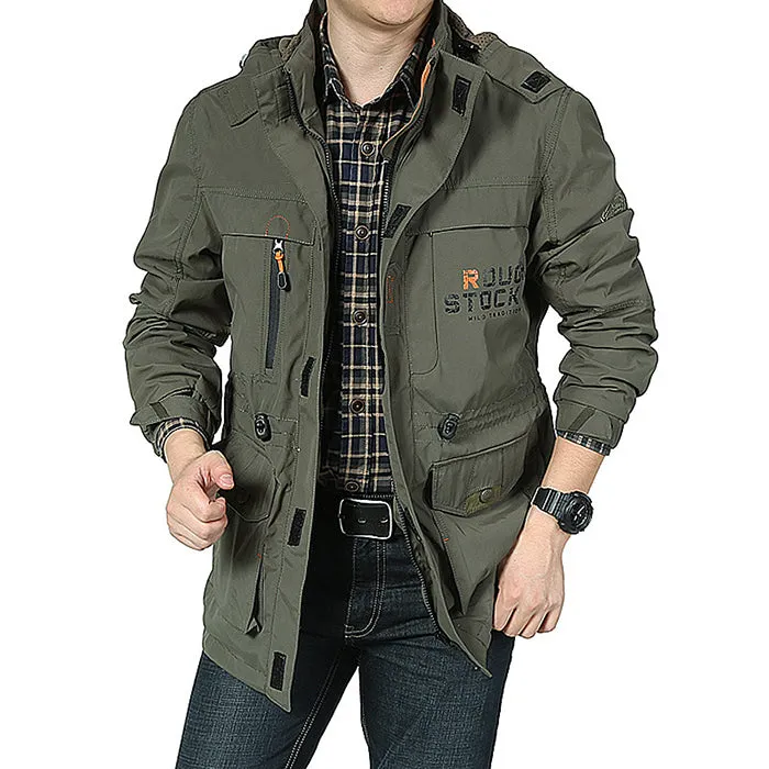 Waterproof Breathable Long Hooded Stand Collar Men's Jacket