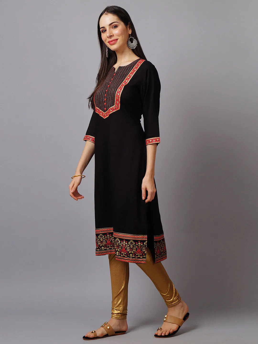 Women Black Ornamental Rayon Kurta