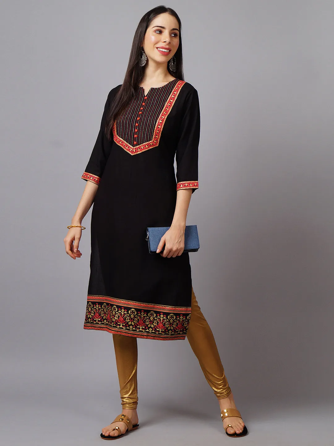 Women Black Ornamental Rayon Kurta