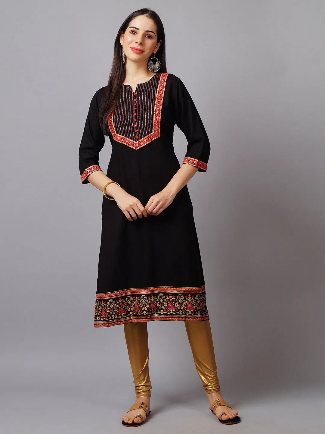 Women Black Ornamental Rayon Kurta