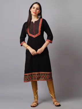 Women Black Ornamental Rayon Kurta