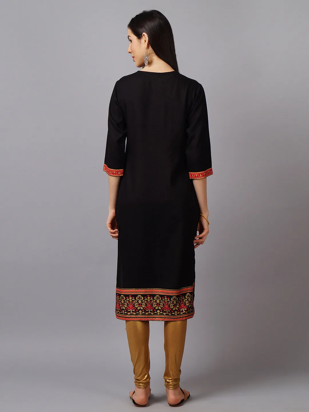 Women Black Ornamental Rayon Kurta