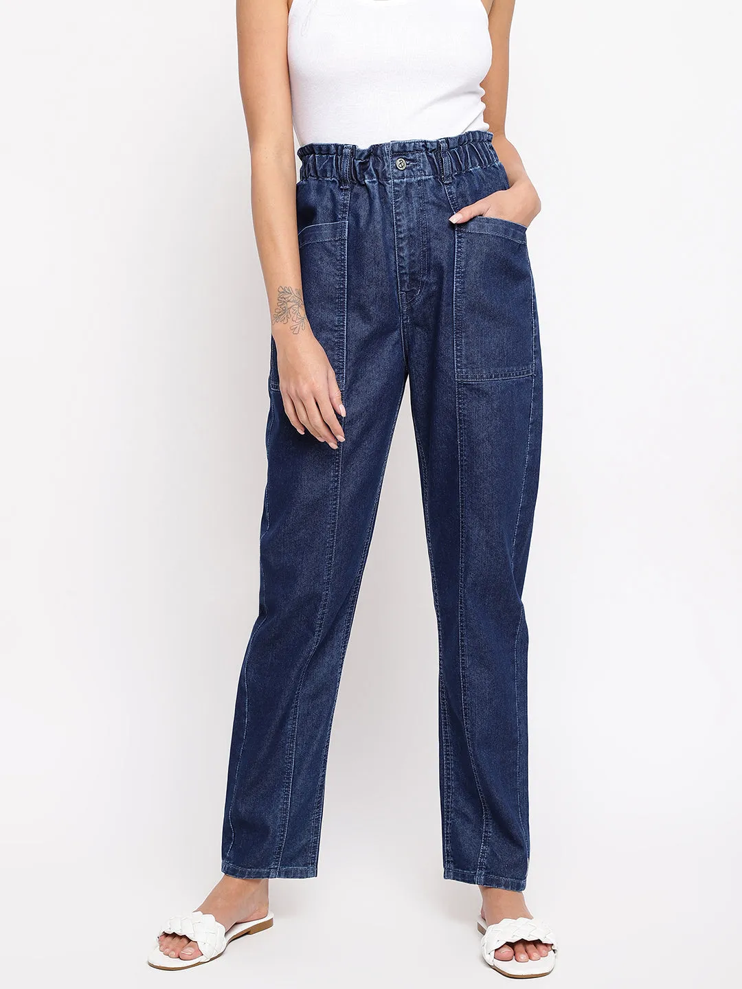 Women Blue Paperbag Mom Fit Jeans