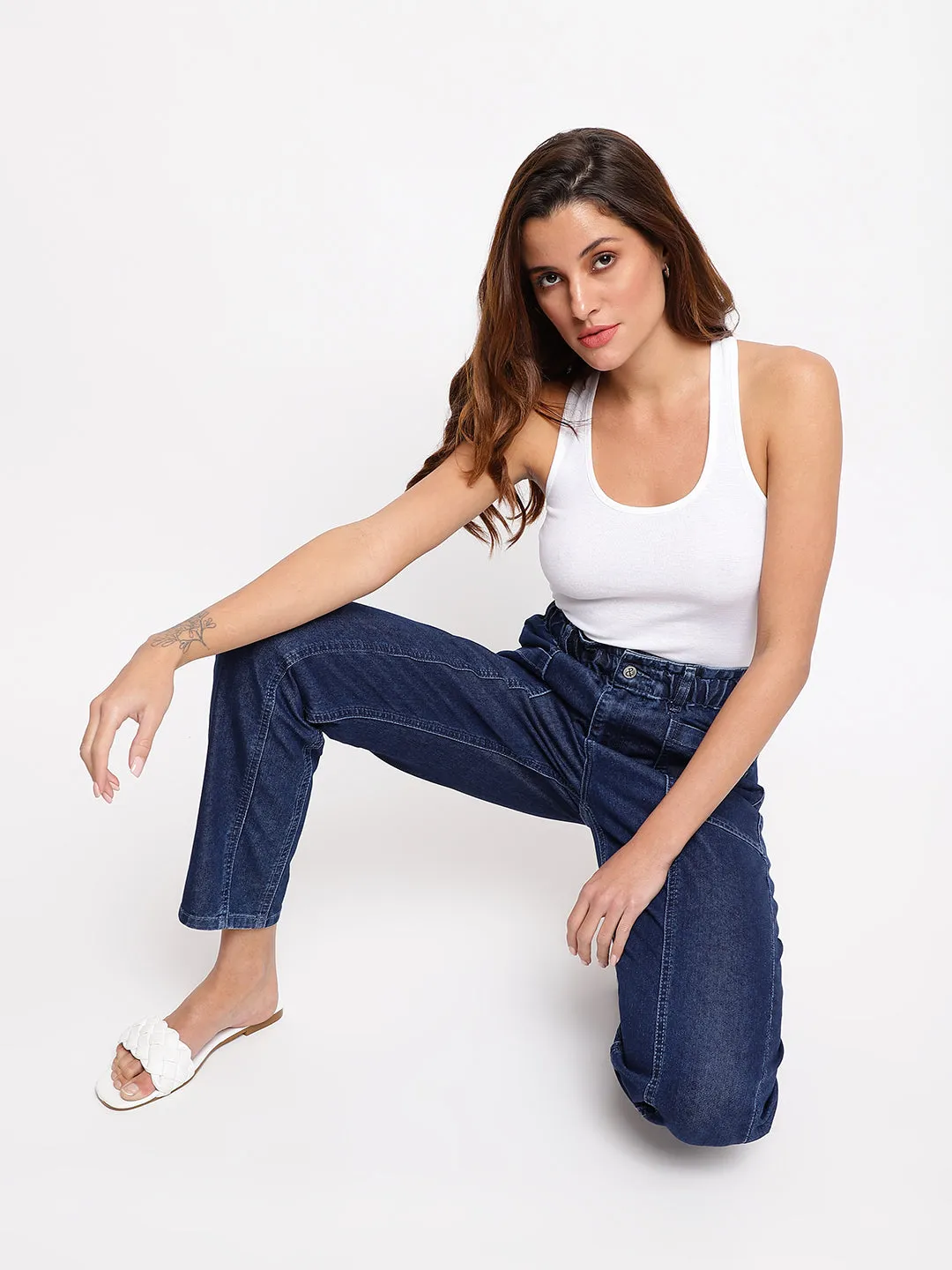 Women Blue Paperbag Mom Fit Jeans